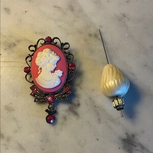 Elegant Pink and Cream Cameo Brooch with a hat pin